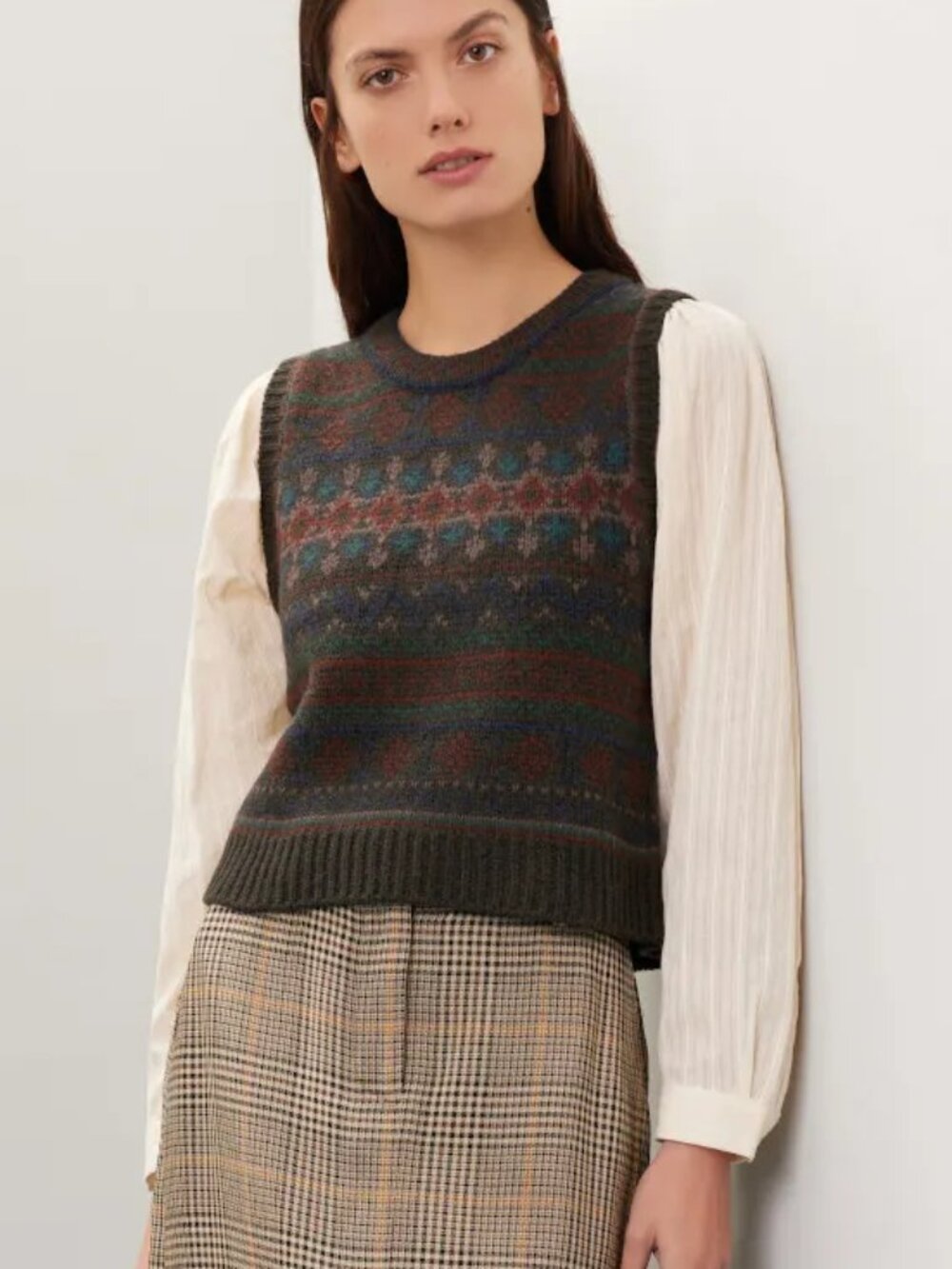 SEA NEW YORK Finja combo top Fairisle wool sweater vest layered Cotton sleeves M